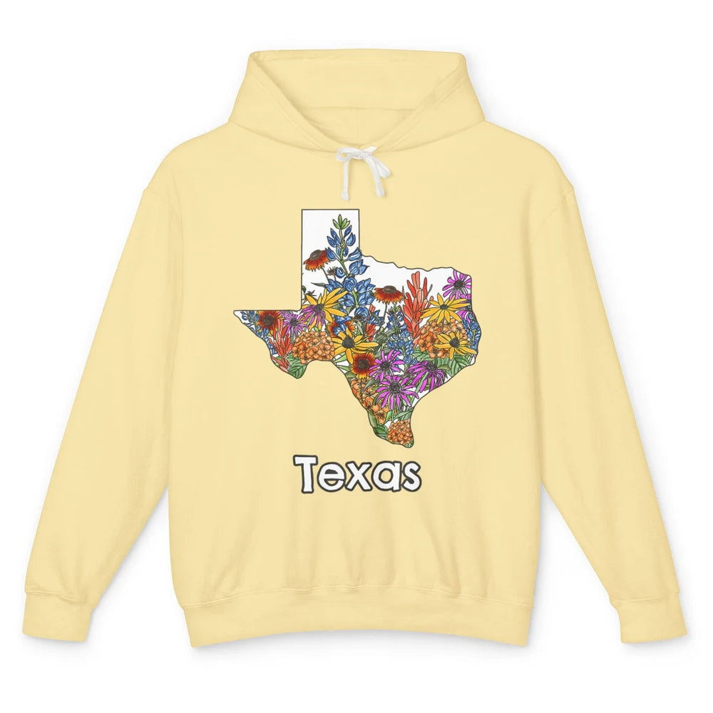 Texas Map Pride Wildflower Western Country Bluebonnet Flower Unisex Lightweight Hoodie