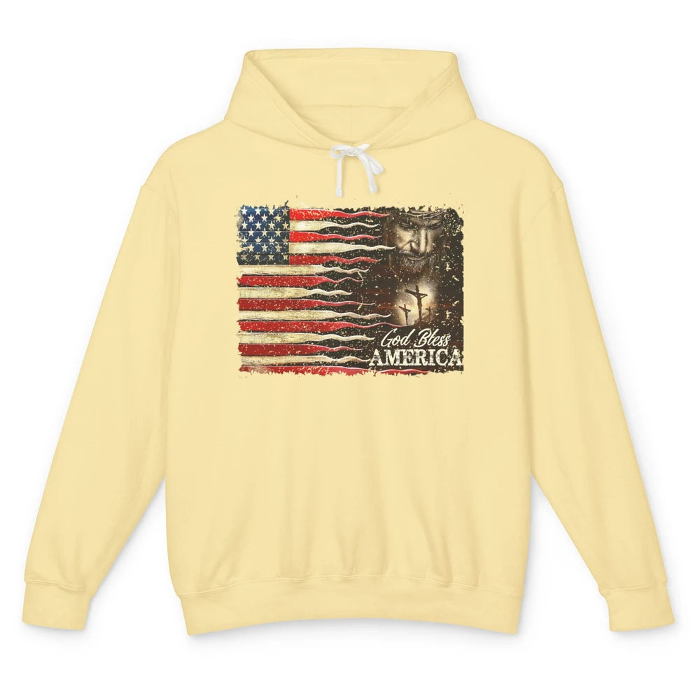 Retro US Flag Jesus Cross God Bless America Patriot July 4th Unisex Lightweight Hoodie