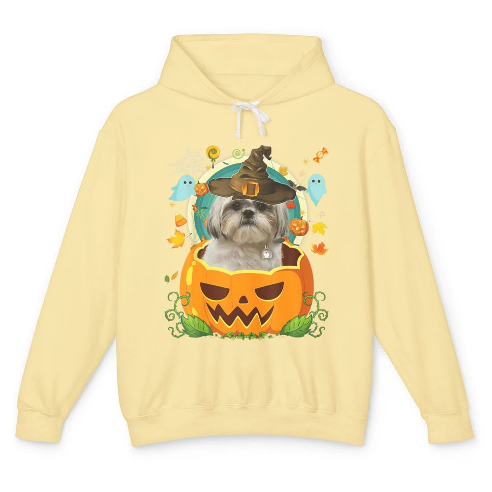 Funny Shih Tzu Dog Witch Hat Pumpkin Halloween Spooky Season Unisex Lightweight Hoodie