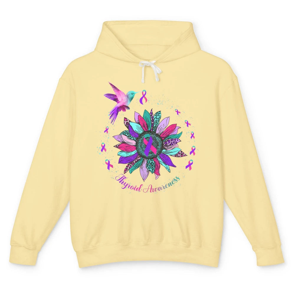 Hummingbird Sunflower Teal Ribbon Warrior Thyroid Cancer Unisex Lightweight Hoodie