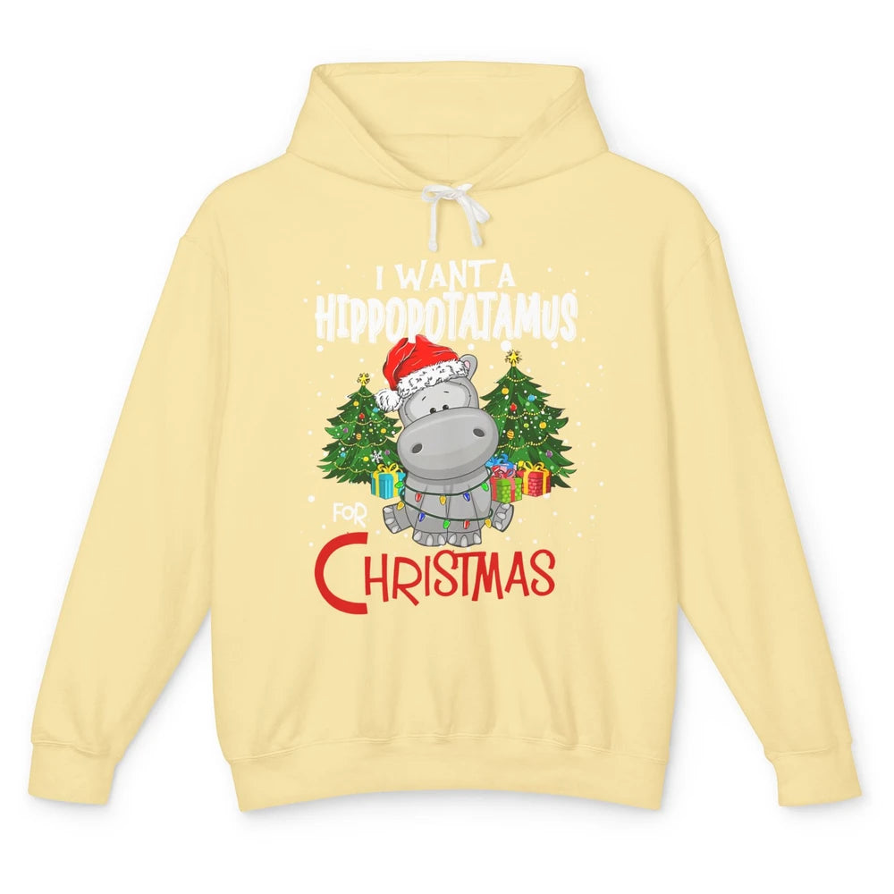 Funny I Want A Hippopotamus For Christmas Tree Hippo Santa Unisex Lightweight Hoodie