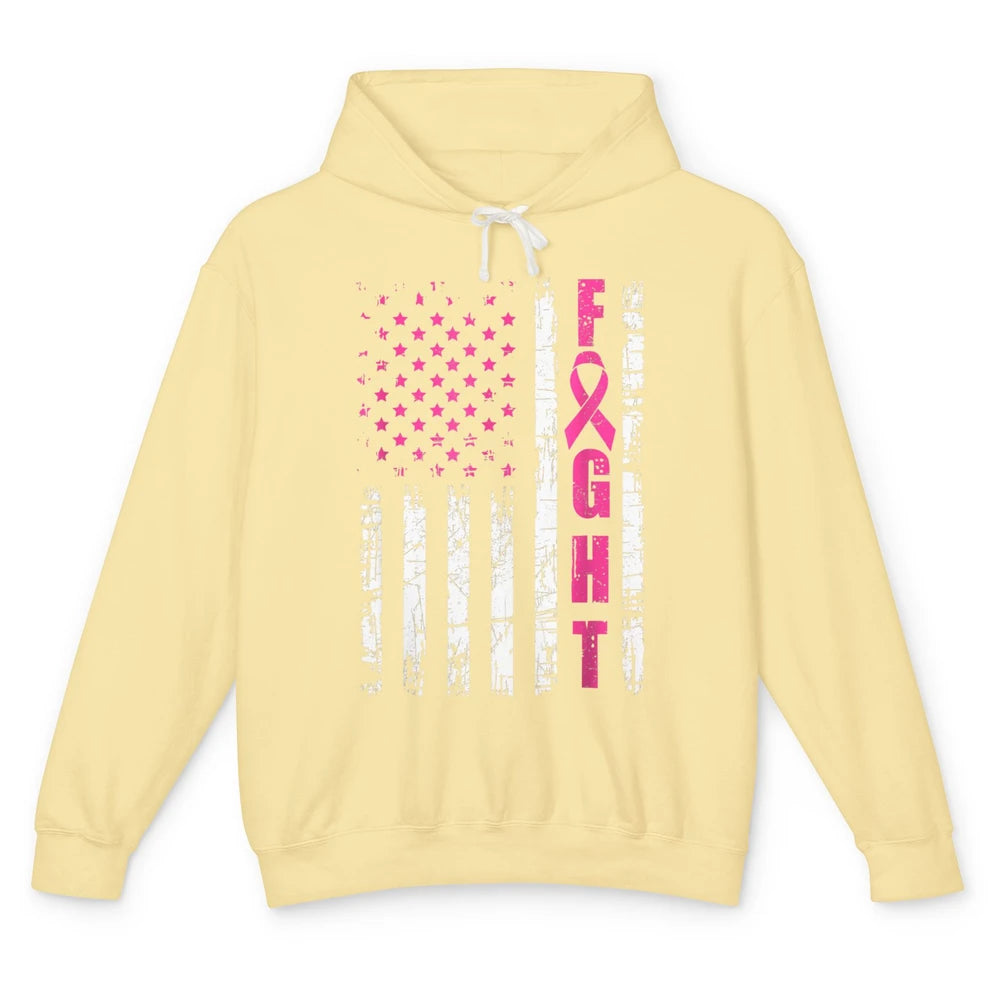 American Flag Fight Vintage Pink Ribbon Breast Cancer Month Unisex Lightweight Hoodie