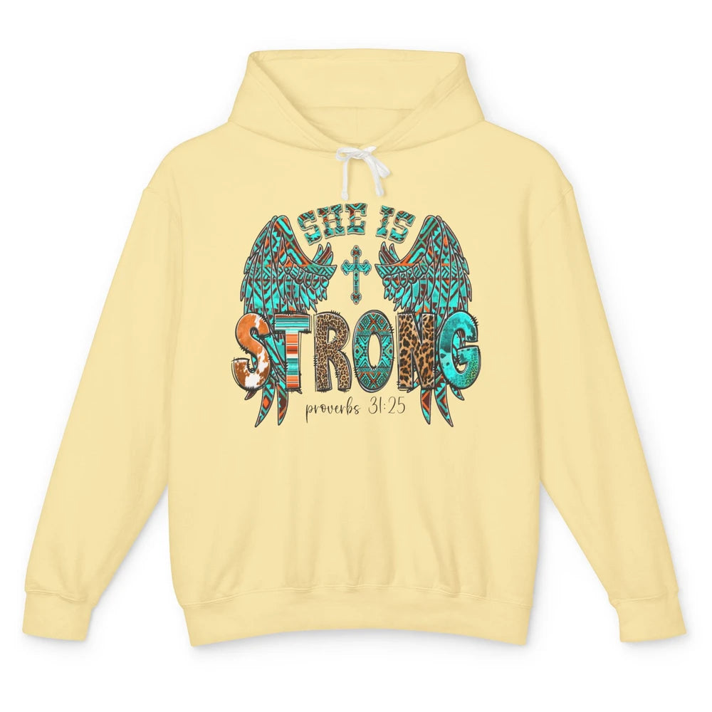 Leopard Turquoise Jesus Cross She Is Strong Bible Christian Unisex Lightweight Hoodie