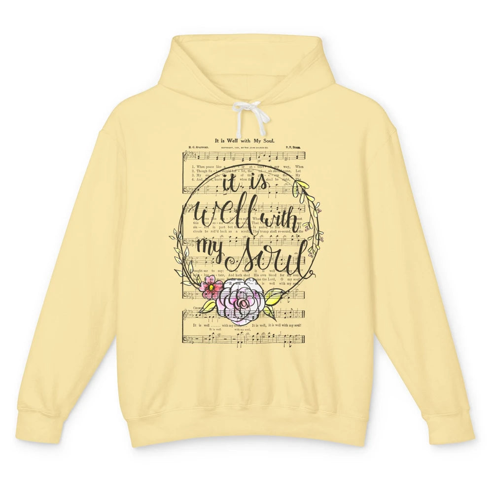 Floral Christian Its Well With My Soul Music Sheet Religious Unisex Lightweight Hoodie