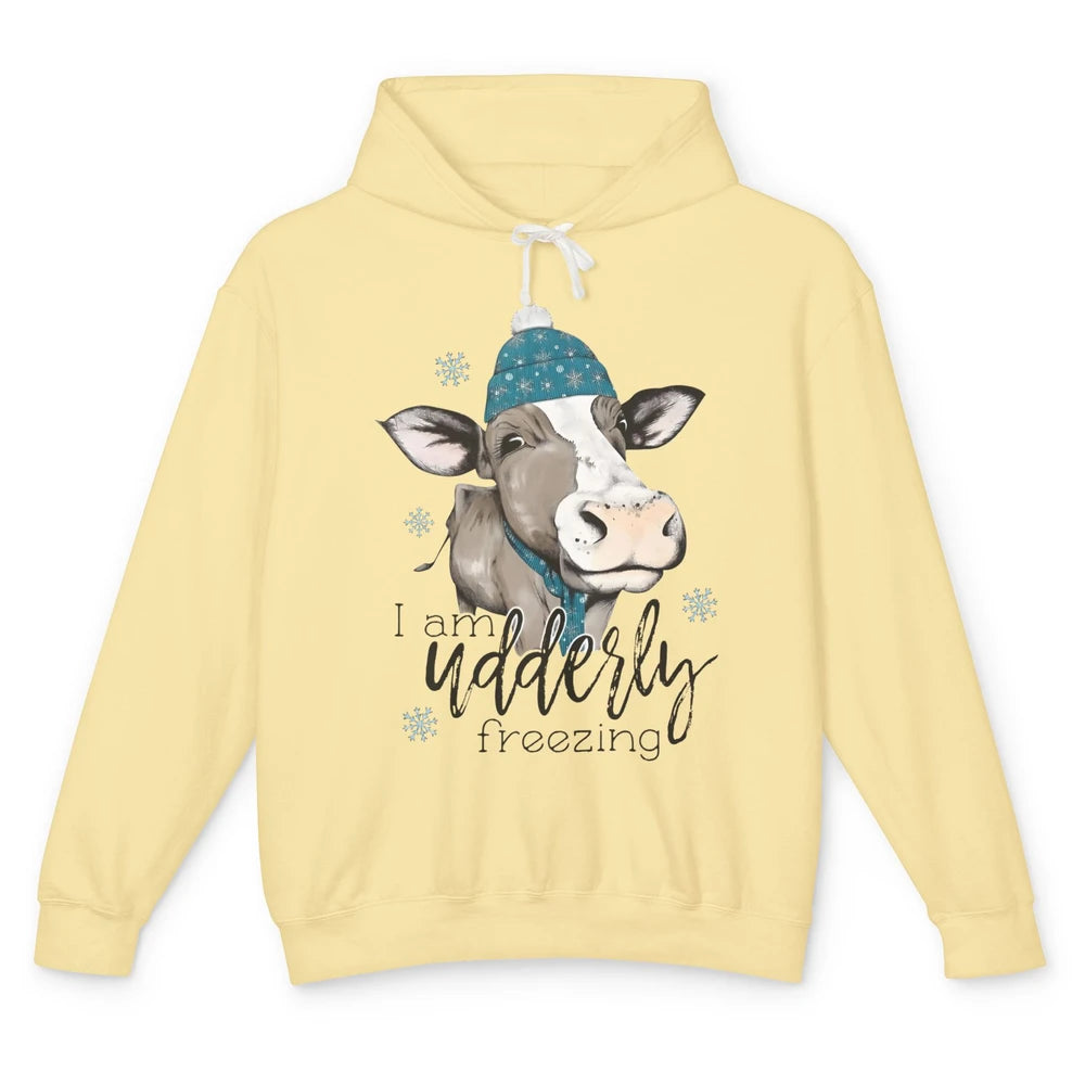 Funny Cow I'm Udderly Freezing Farmer Merry Christmas Winter Unisex Lightweight Hoodie