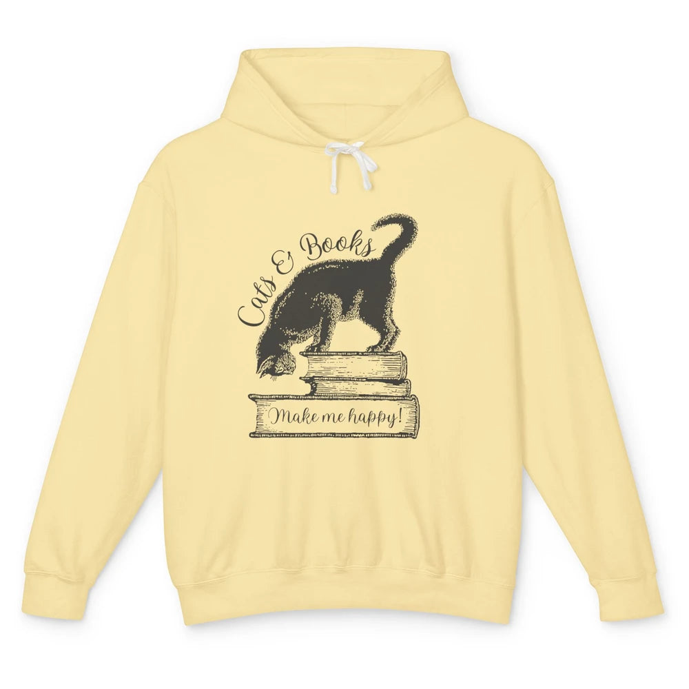 Black Cat Make Me Happy Reading Book Retro Kitten Bookish Unisex Lightweight Hoodie