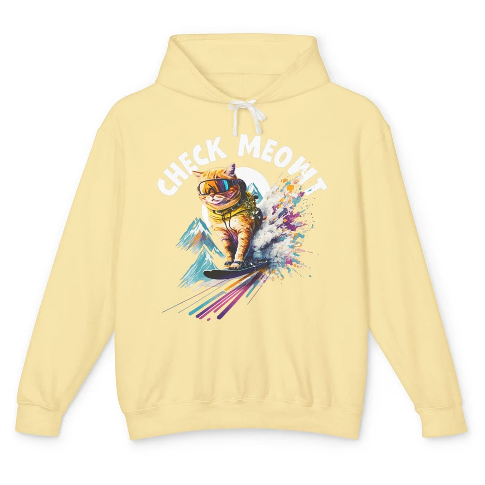 Funny Skiing Skier Check Meowt Humor Orange Cat Watercolor Unisex Lightweight Hoodie