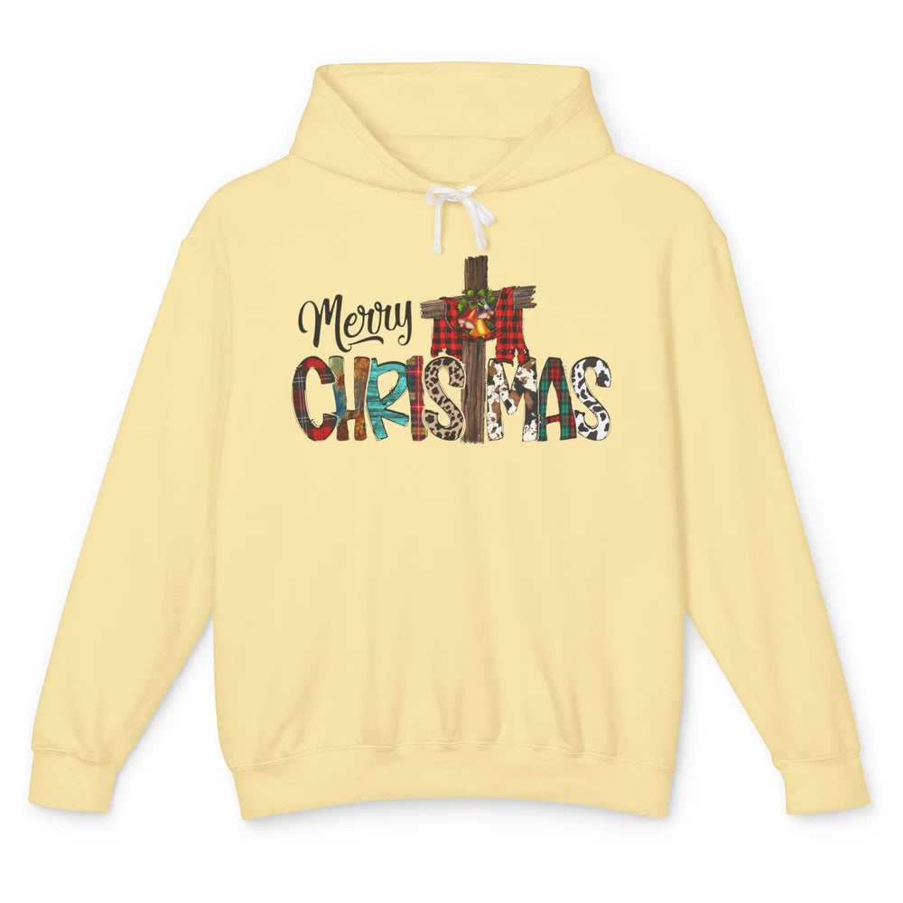 Leopard Jesus Cross Merry Christmas Christian Western Xmas Unisex Lightweight Hoodie