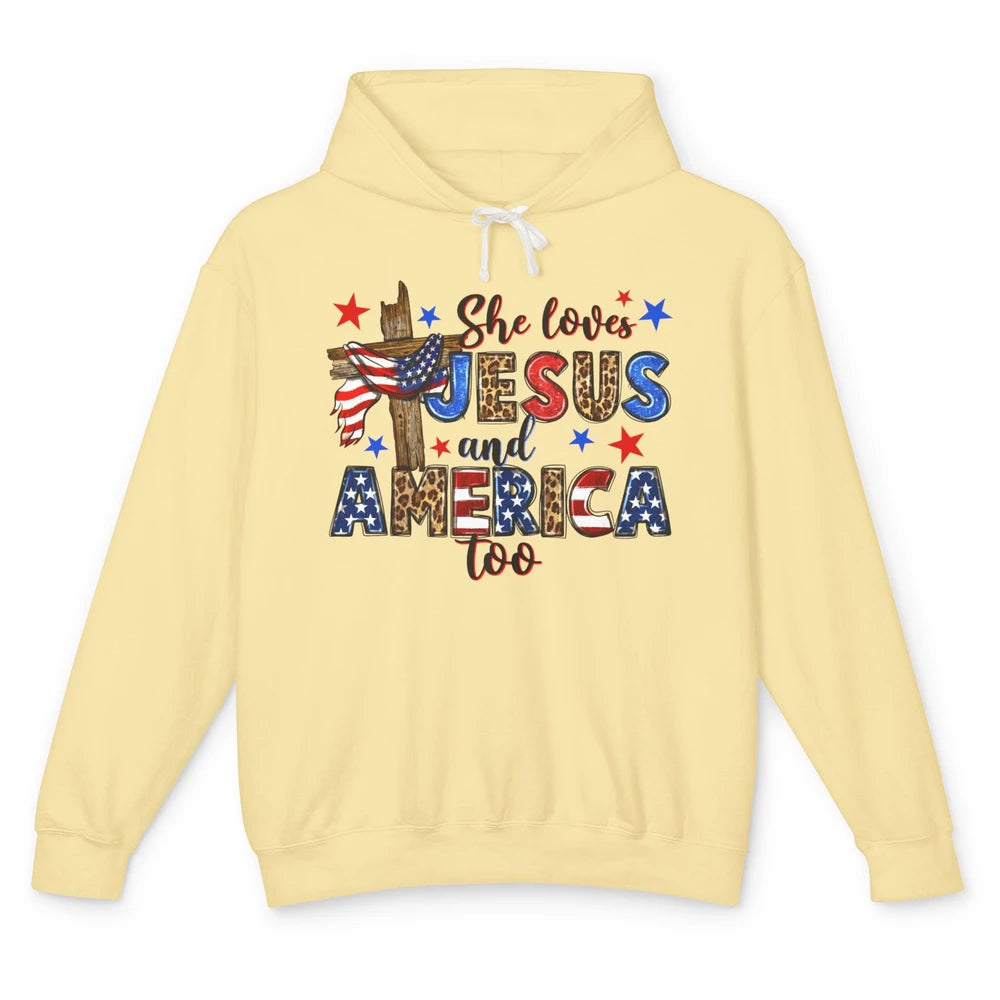 She Loves Jesus And America Too Leopard USA Flag 4th Of July Unisex Lightweight Hoodie