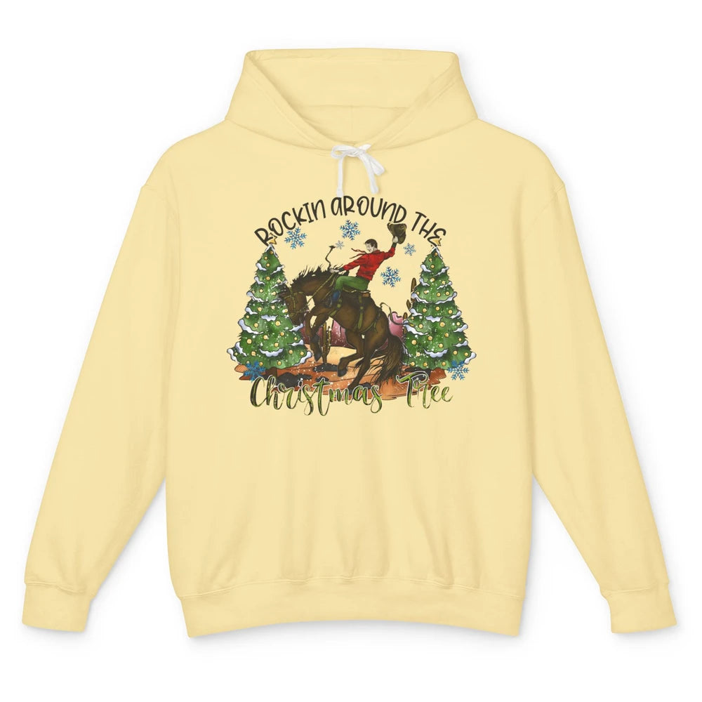 Funny Cowboy Horsing Rocking Around Christmas Tree Western Unisex Lightweight Hoodie