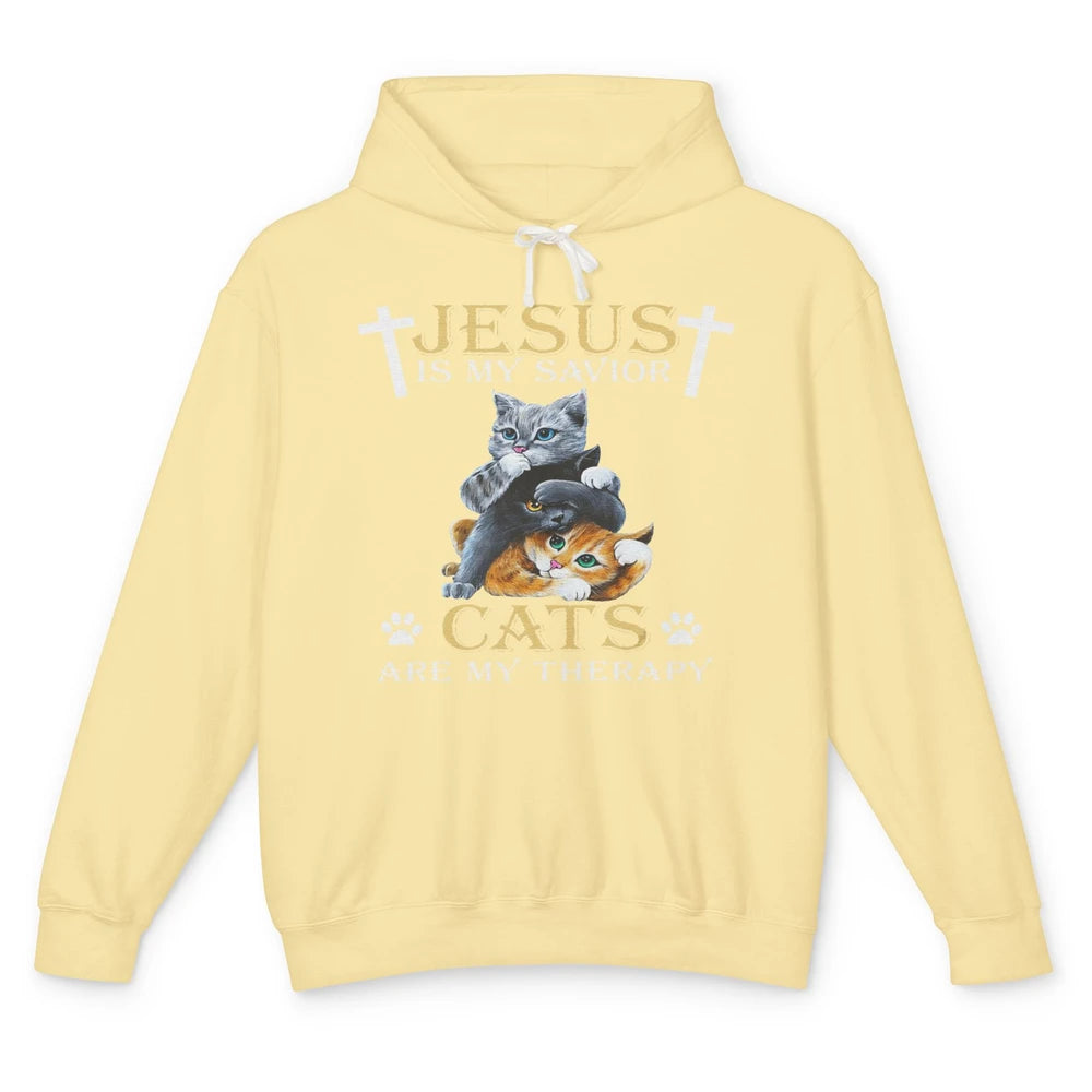 Jesus Is Savior Cats Are My Therapy Christian Cat Religious Unisex Lightweight Hoodie