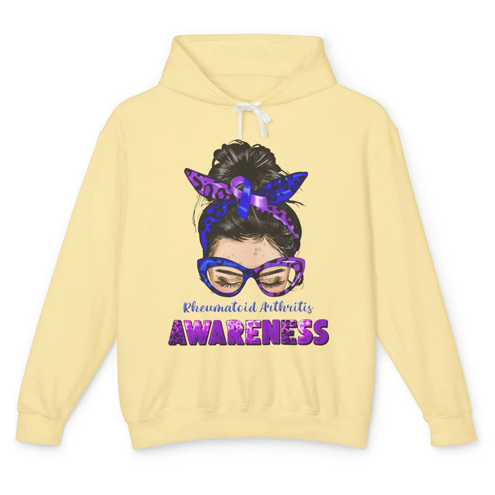 Rheumatoid Arthritis Messy Bun Mom Blue Purple Ribbon Unisex Lightweight Hoodie