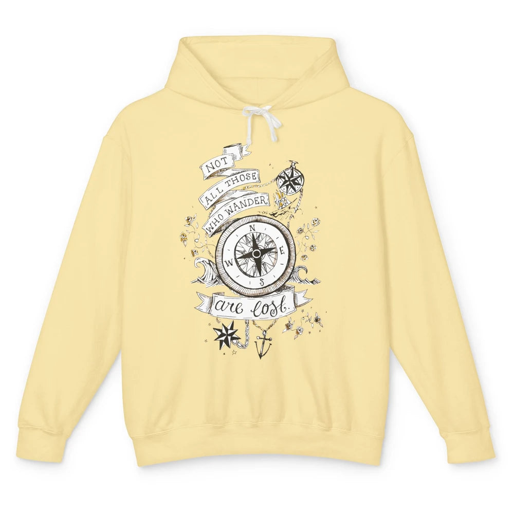 Retro Compass Not All Who Wander Are Lost Mountain Adventure Unisex Lightweight Hoodie