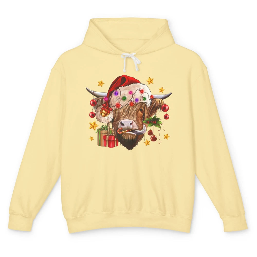 Highland Cow Joy Santa Hat Christmas Ornament Western Farm Unisex Lightweight Hoodie