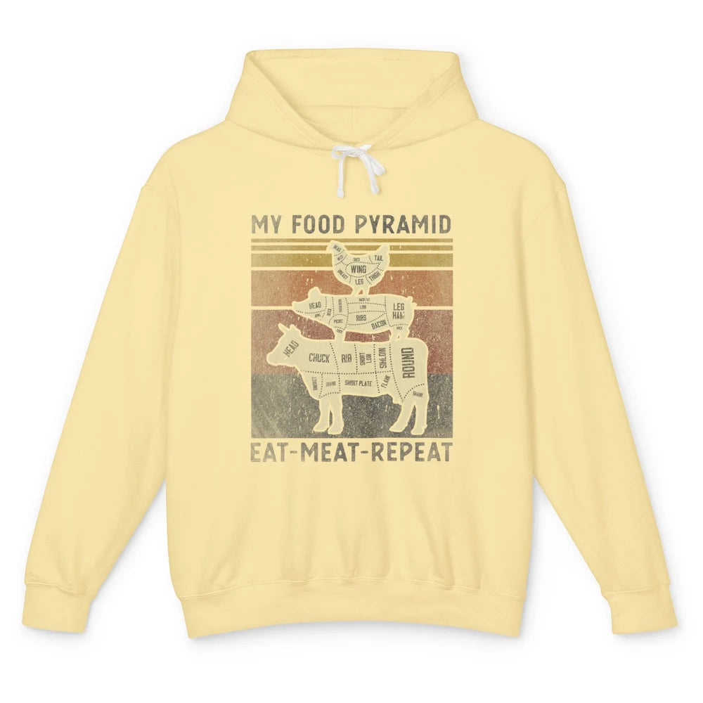 Vintage My Food Pyramid Eat Meat BBQ Lover Fast Food Retro Unisex Lightweight Hoodie