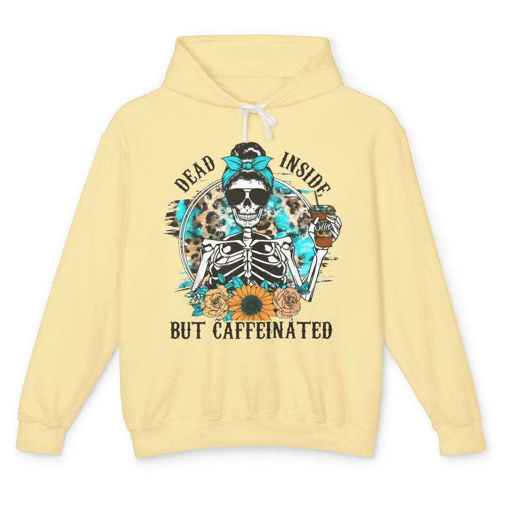 Funny Messy Bun Skull Dead Inside But Caffeinated Halloween Unisex Lightweight Hoodie