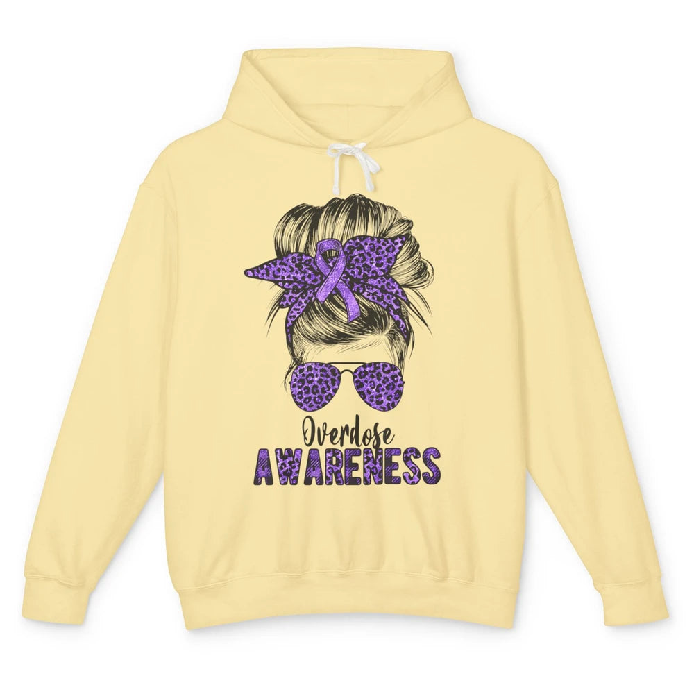 Overdose Awareness Messy Hair Bun Purple Leopard Warrior Unisex Lightweight Hoodie