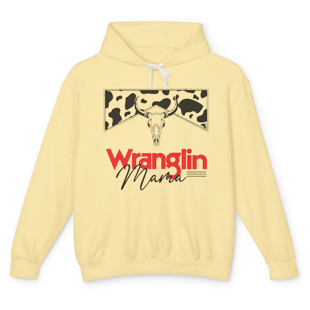 Retro Cowhide Bull Skull Wrangling Mama Western Country Girl Unisex Lightweight Hoodie