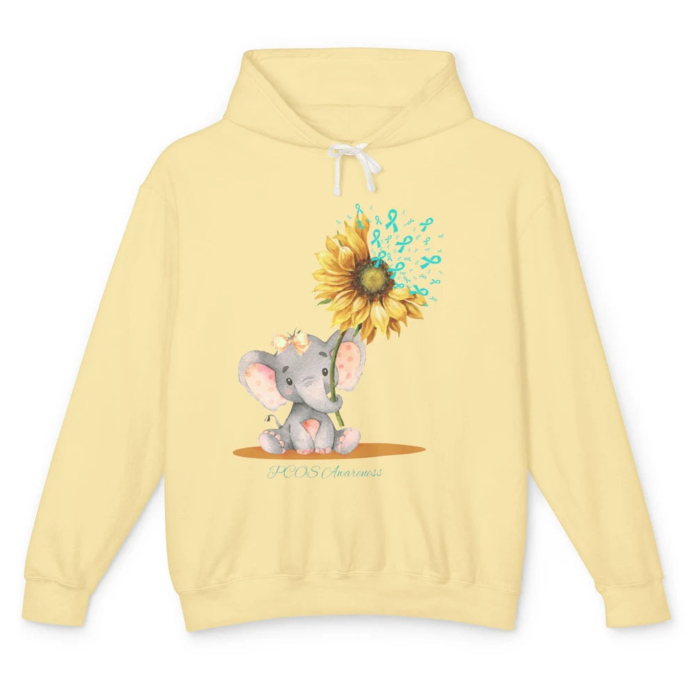 Sunflower Baby Elephant PCOS Awareness Teal Ribbon Elephant Unisex Lightweight Hoodie