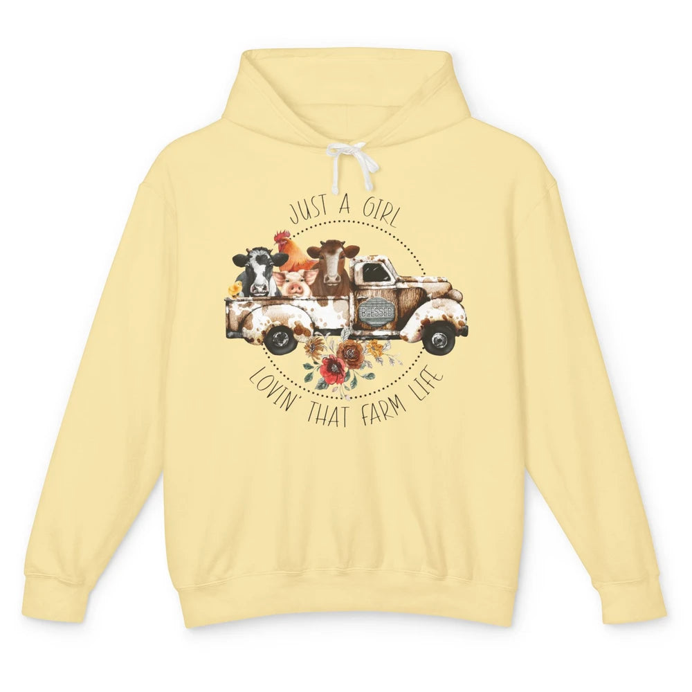 Retro Truck Just A Girl Loving That Farm Life Farm Animals Unisex Lightweight Hoodie