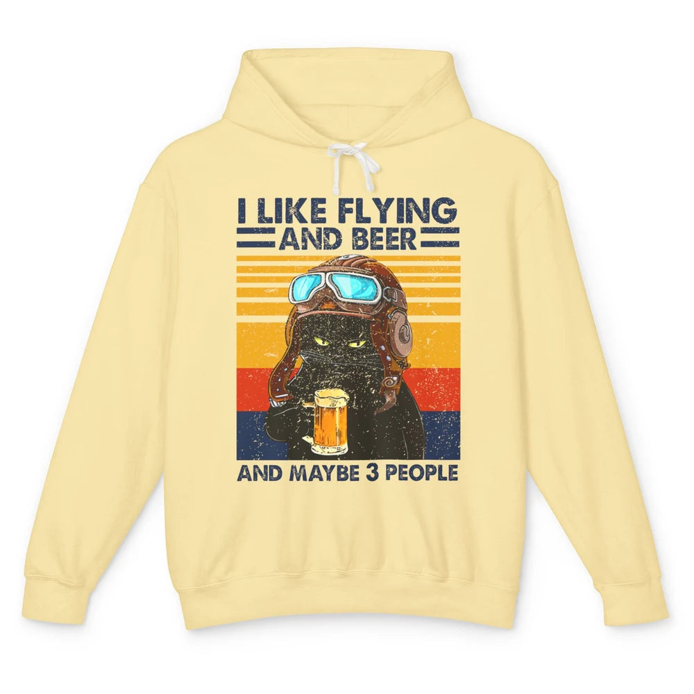 Funny Black Cat Skydiving I Like Flying Beer Maybe 3 People Unisex Lightweight Hoodie