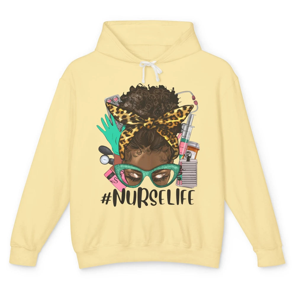 Afro Nurse Messy Bun Hair Black Melanin Nurse Life Leopard Unisex Lightweight Hoodie