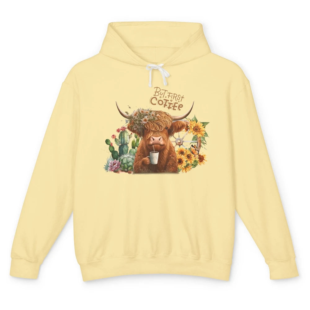 Desert Highland Cow But First Coffee Western Country Animal Unisex Lightweight Hoodie