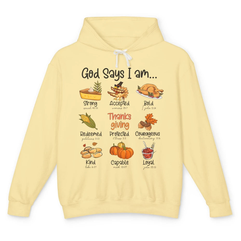 Retro Thanksgiving Turkey God Says I Am Bible Christian Fall Unisex Lightweight Hoodie