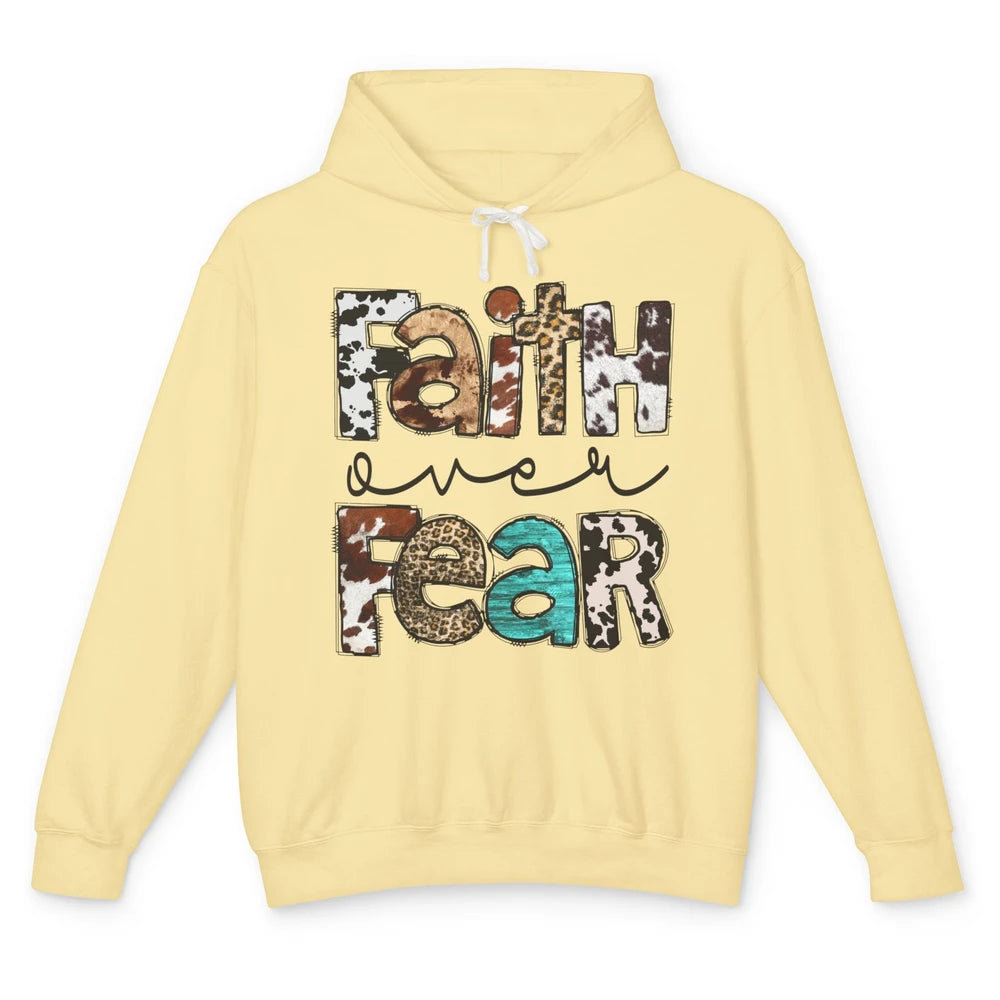 Faith Over Fear Leopard Cowhide Western Christian Cross Unisex Lightweight Hoodie