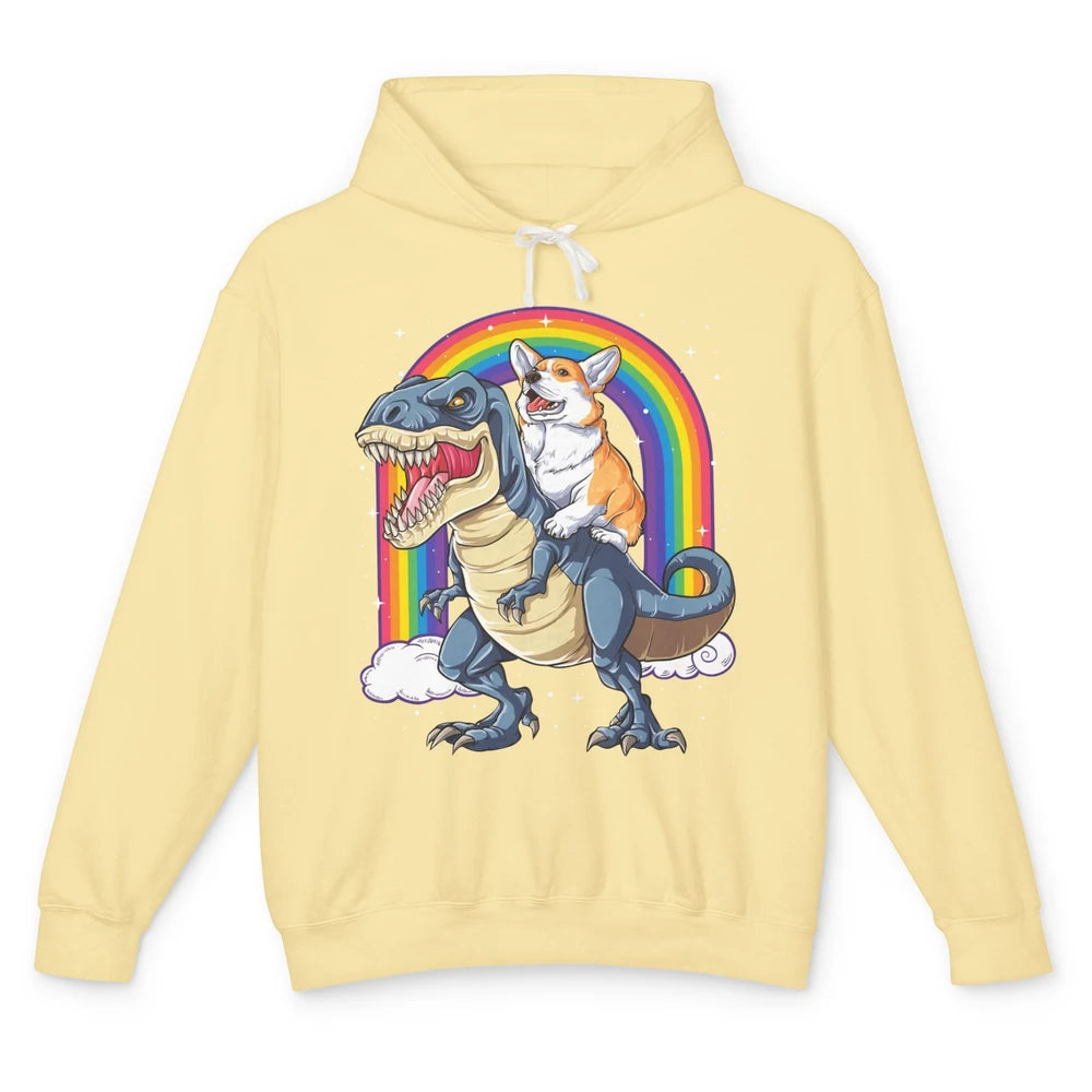 Funny Corgi Ride Dinosaur T Rex Cute Welsh Dog Pet Rainbow Unisex Lightweight Hoodie