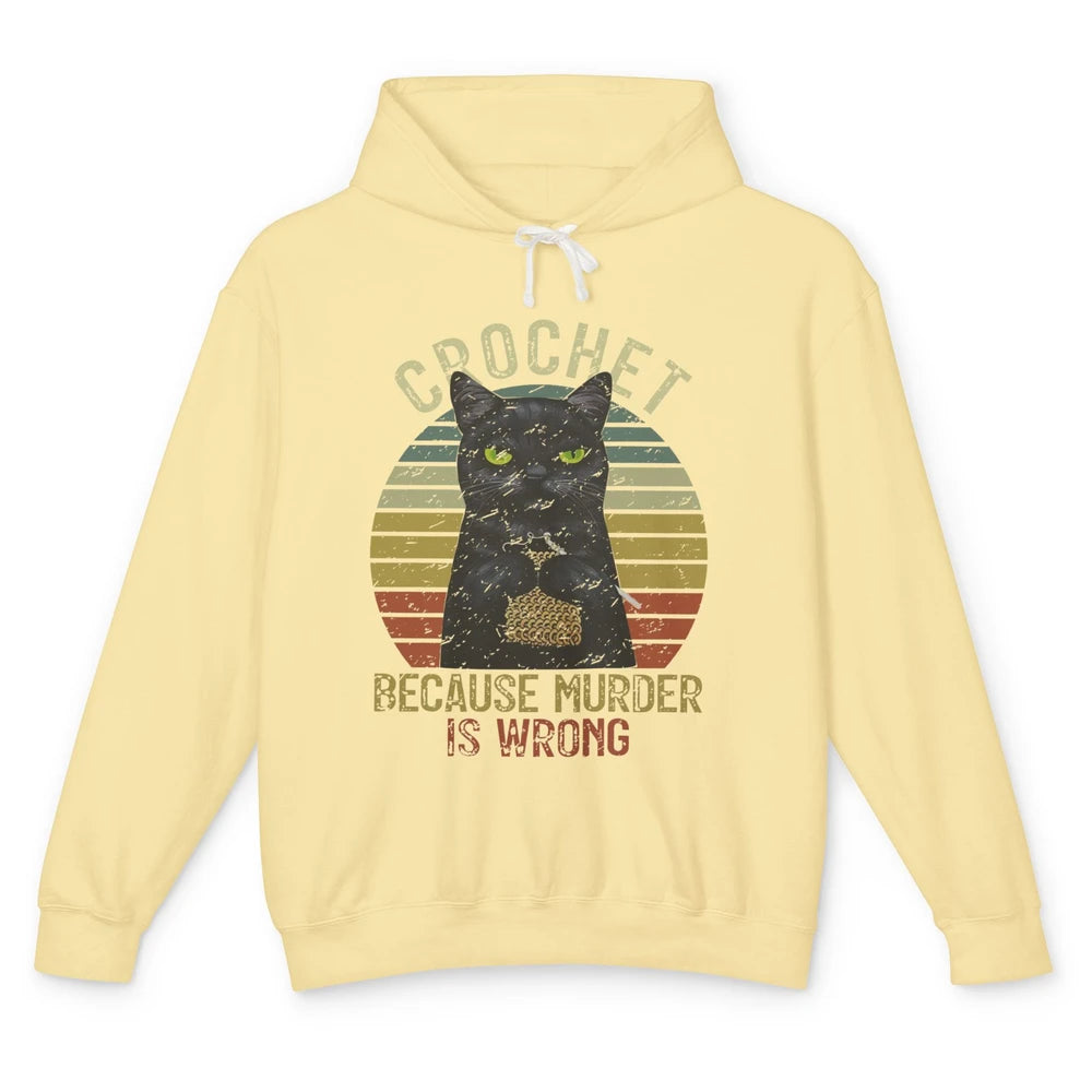 Vintage Black Cat Crochet Because Murder is Wrong Yarning Unisex Lightweight Hoodie