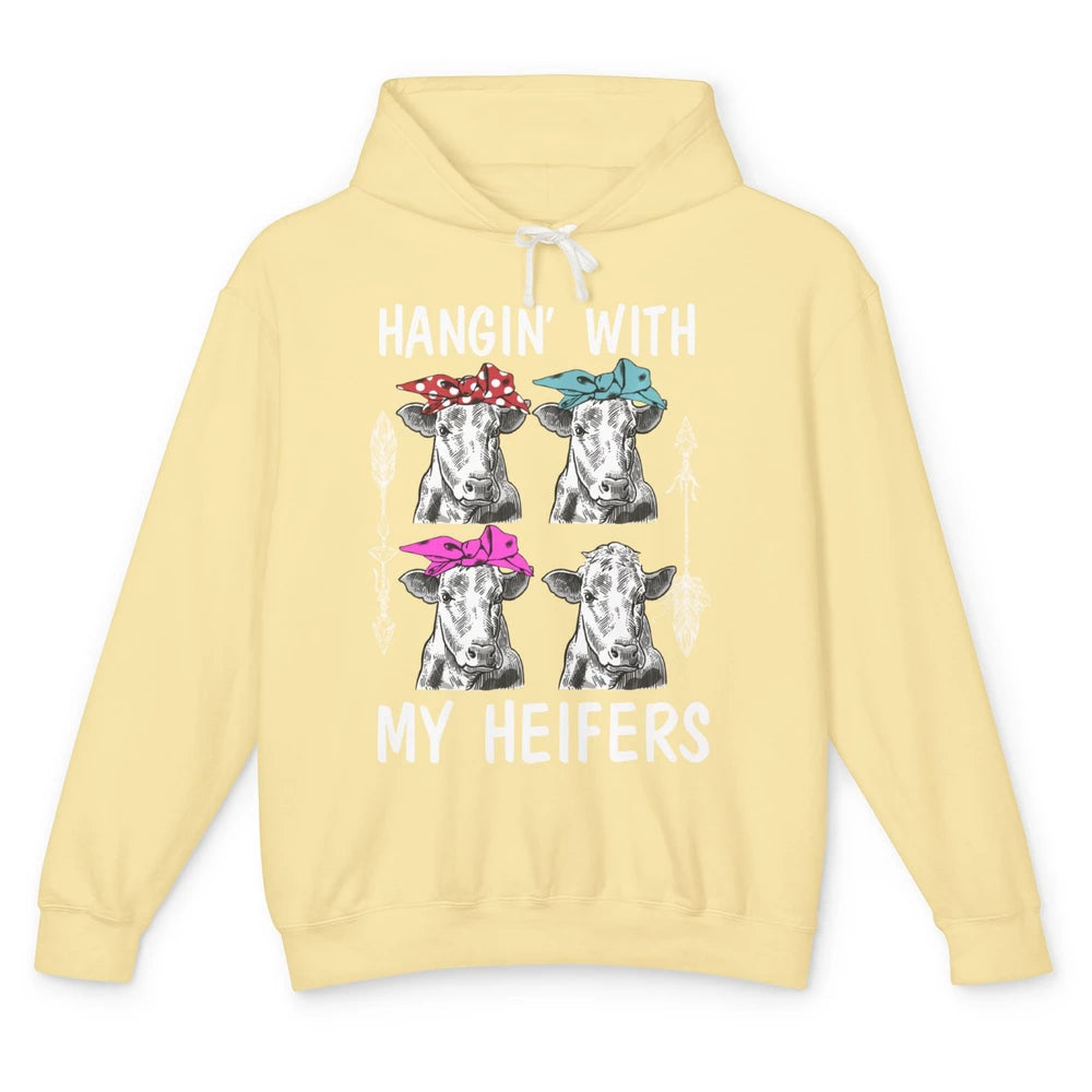 Funny Hanging With Heifer Retro Western Country Highland Cow Unisex Lightweight Hoodie