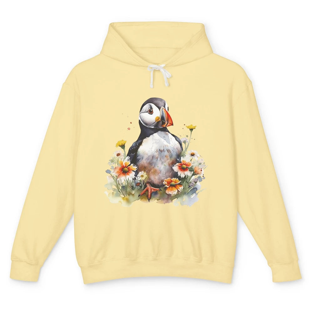 Funny Watercolor Penguin Colorful Wildflowers Field Animal Unisex Lightweight Hoodie