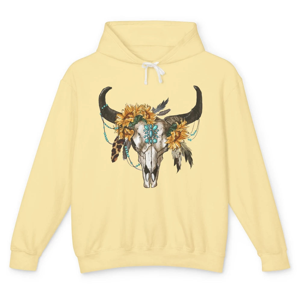 Retro Sunflower Boho Bull Skull Western Country Cowgirl Gift Unisex Lightweight Hoodie