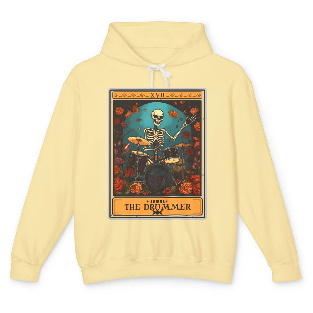 Retro Skeleton The Drummer Tarot Card Halloween Drumming Unisex Lightweight Hoodie