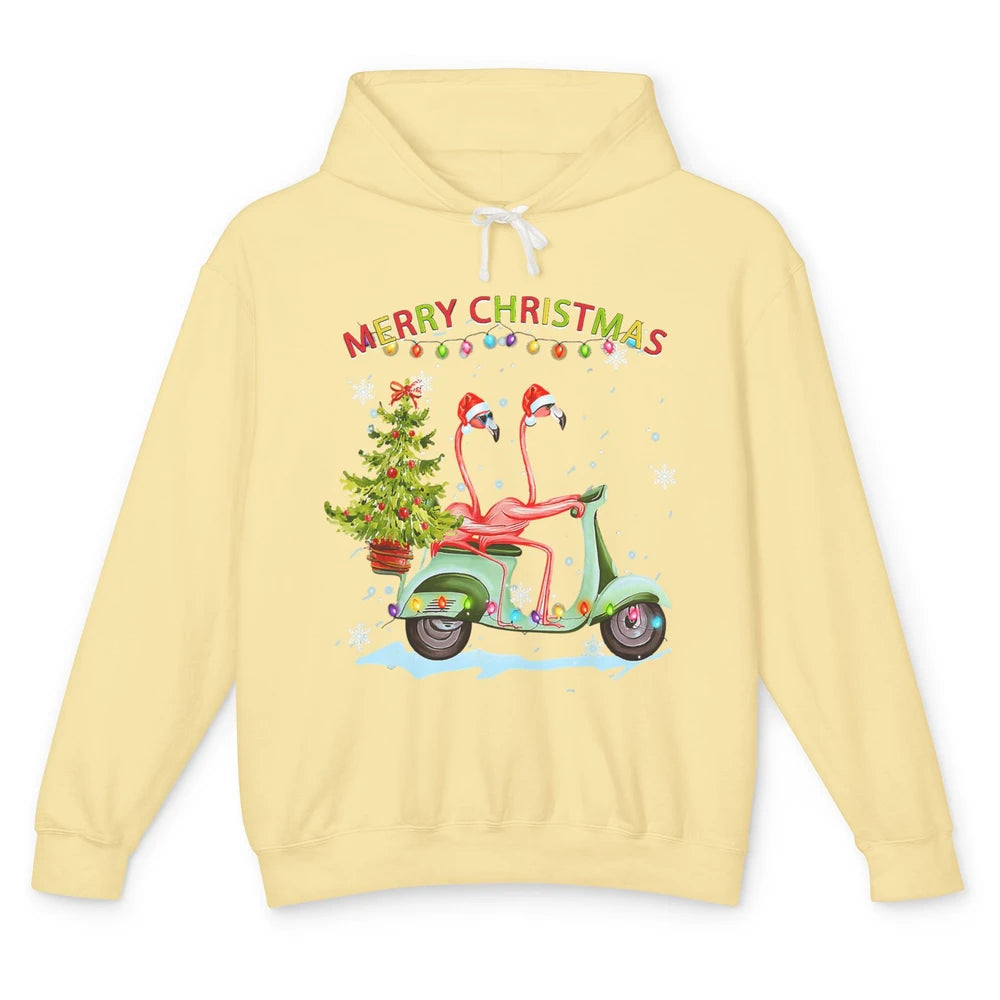 Merry Christmas Flamingos Santa Hat Xmas Lights Motorbike Unisex Lightweight Hoodie