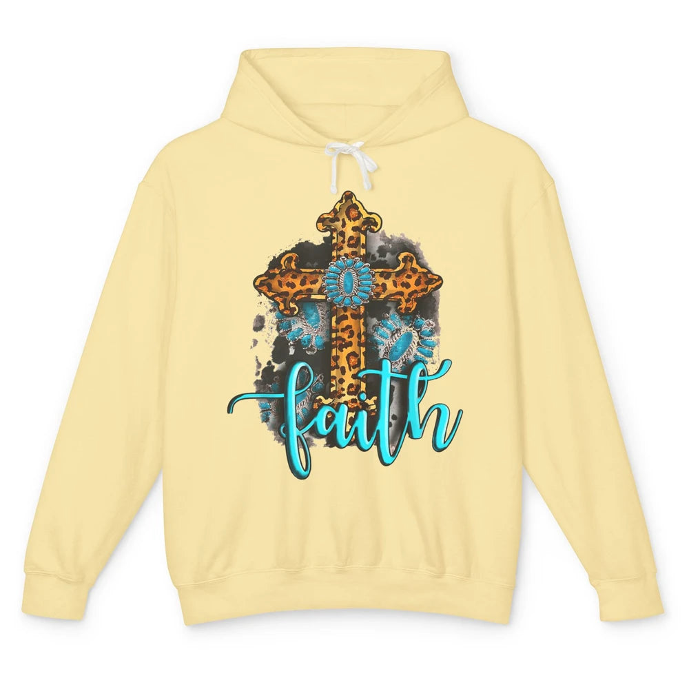 Western Gemstone Leopard Turquoise Cross Faith Jesus God Unisex Lightweight Hoodie