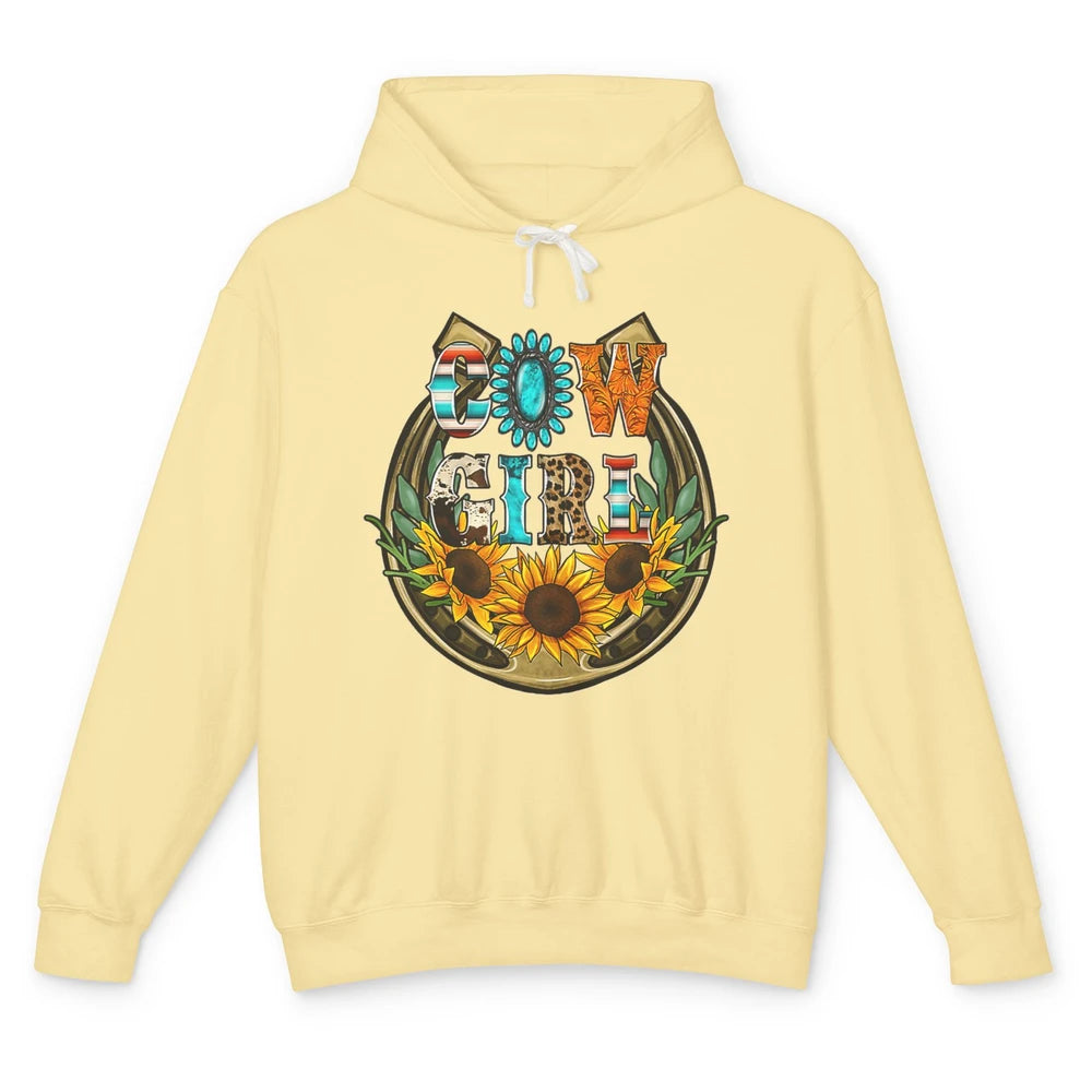 Western Country Sunflowers Retro Cowhide Serape Horseshoe Unisex Lightweight Hoodie