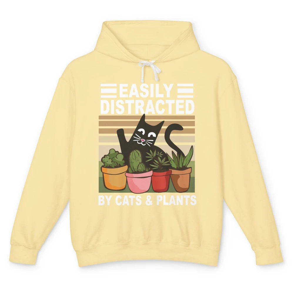 Easily Distracted By Cats And Plants Vintage Gardening Gift Unisex Lightweight Hoodie