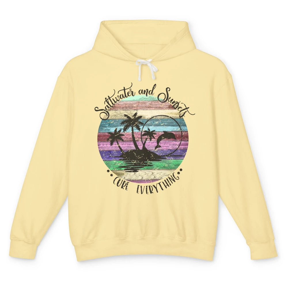 Retro Beach Sunset Saltwater and Sunsets Cure Everything Unisex Lightweight Hoodie