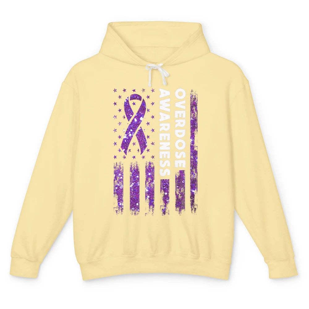 Overdose Awareness US Flag Purple Ribbon Addiction Warrior Unisex Lightweight Hoodie