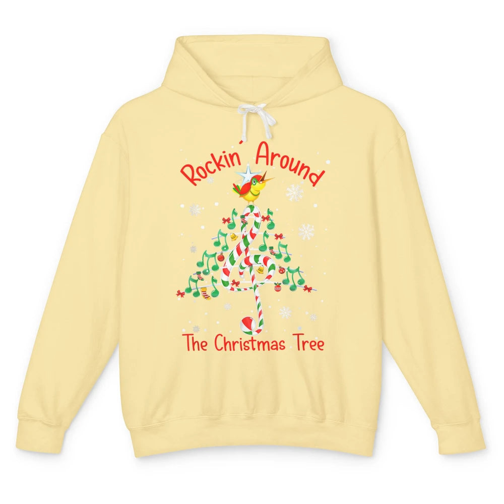 Rockin' Around The Christmas Tree Xmas Music Note Snow Retro Unisex Lightweight Hoodie