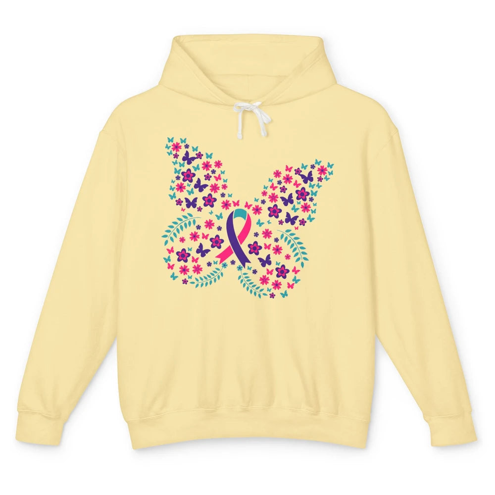 Floral Butterfly Teal Pink Warrior Thyroid Cancer Awareness Unisex Lightweight Hoodie