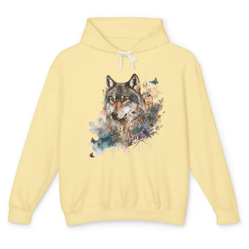 Watercolor Wolf Face Howl Butterfly Wolves Wild Animal Retro Unisex Lightweight Hoodie