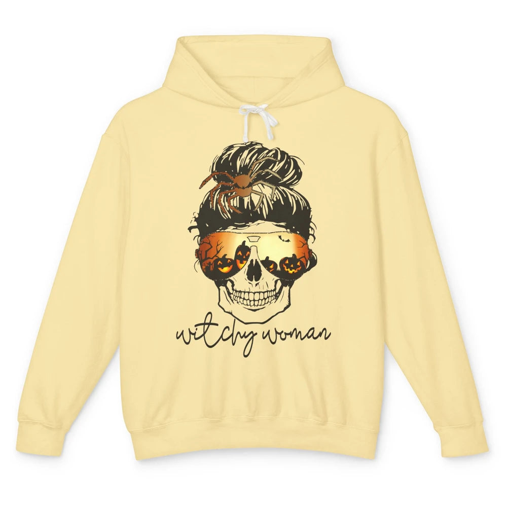 Witchy Woman Messy Bun Hair Skull Halloween Pumpkin Costume Unisex Lightweight Hoodie