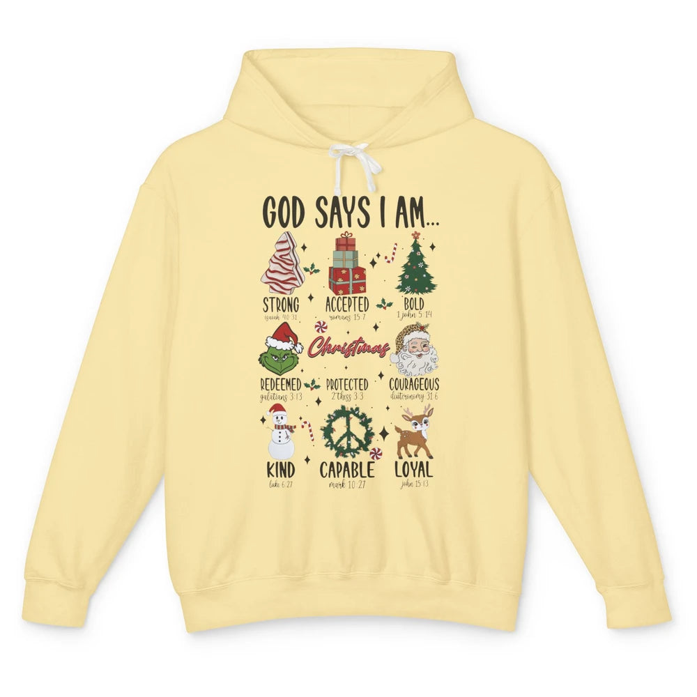 Retro Christmas God Says I Am Bible Verse Religious Boy Girl Unisex Lightweight Hoodie