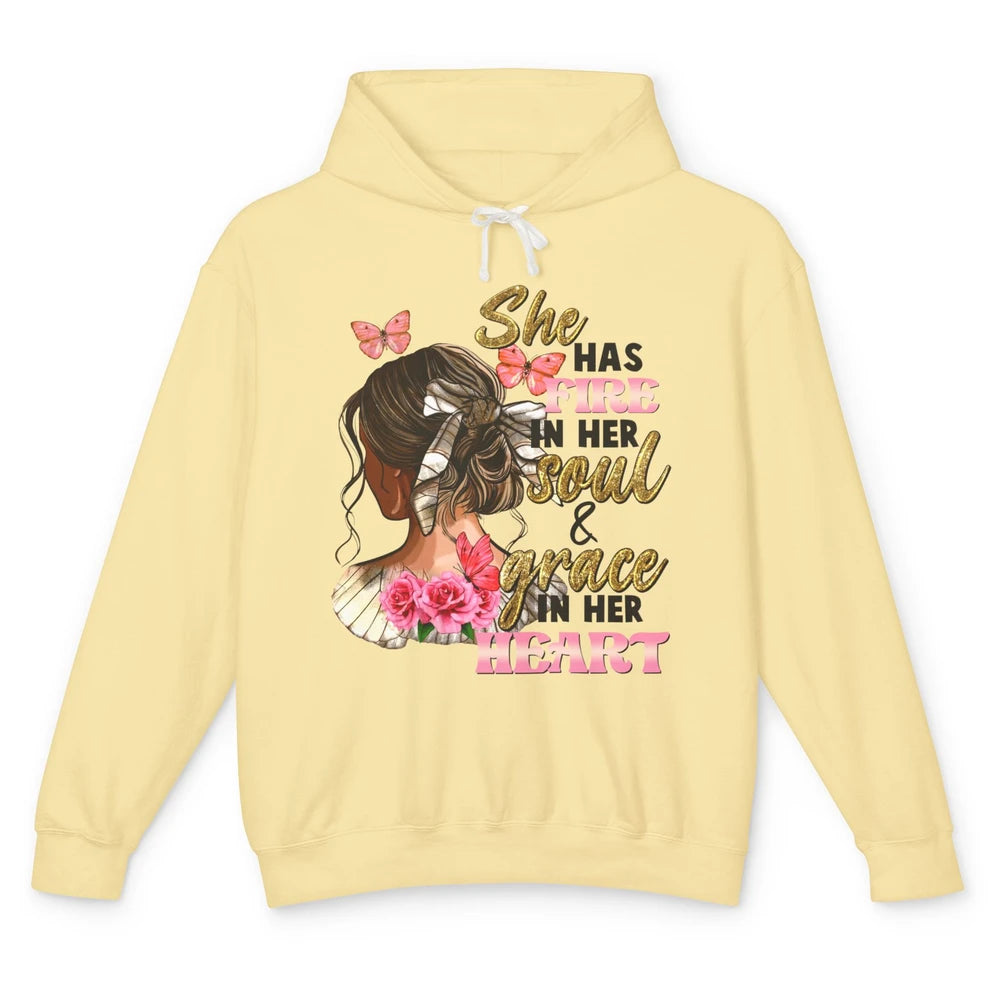 Messy Bun She Has Fire In Her Soul Grace In Heart Christian Unisex Lightweight Hoodie