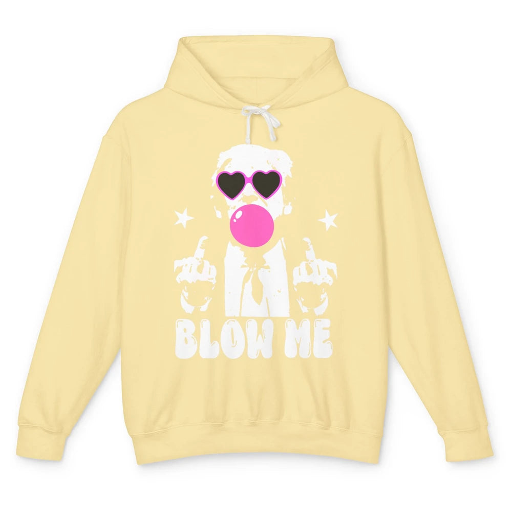 Blow Me Funny Donald Trump Pink Bubble Gum Sarcastic Hand Sign President Heart Sunglasses Chewing Gum Unisex Lightweight Hoodie