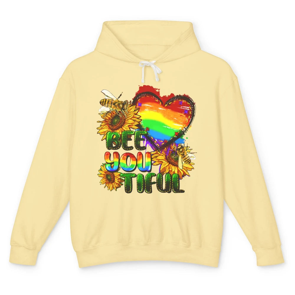 Bee You Tiful Pride Heart Rainbow Sunflower LGBT Pride Month Unisex Lightweight Hoodie