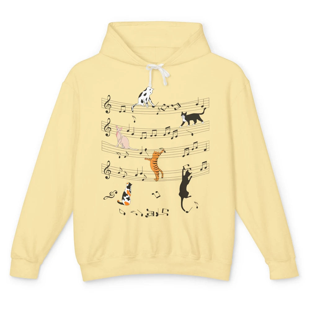 Cat On Music Sheets Cute Music Notes Funny Cat Musician Unisex Lightweight Hoodie